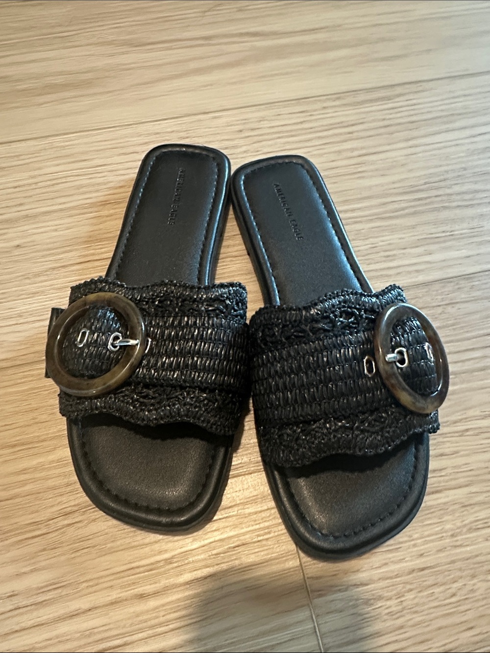 American Eagle Black Woven Slide Sandals with Decorative Buckle